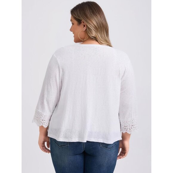 Plus Size Knit Cardigan Open Front Lace Trim 3/4 Sleeve High Low Hem - Picture 3 of 4